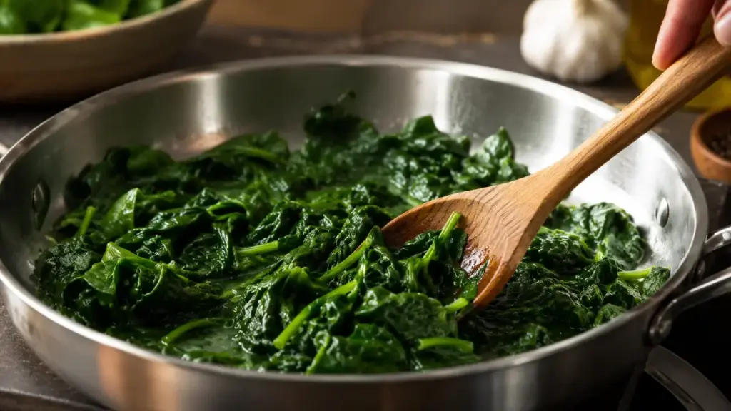 cooking-fresh-green-spinach-in-a-metal-pan-on-a-stove