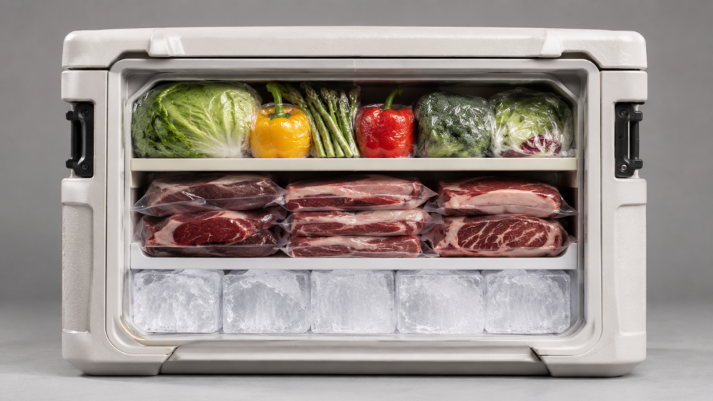 Cooler packing hierarchy for preserving the 4 must-have foods for an outdoor cookout ingredients