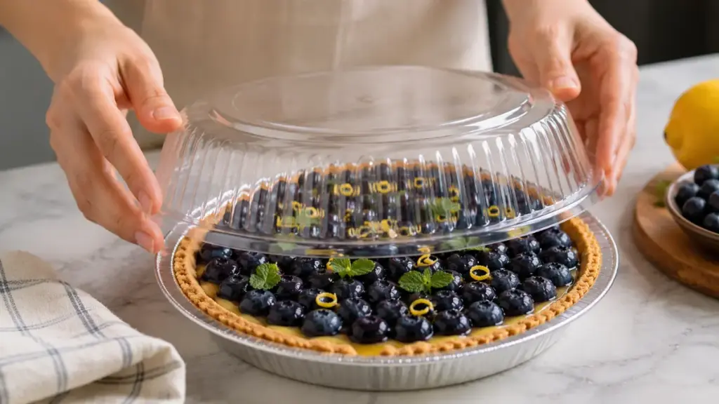 covering-a-freshly-decorated-citrus-dessert-to-chill-for-a-blueberry-lemon-tart