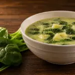 creamy spinach and potato soup served in a white ceramic bowl