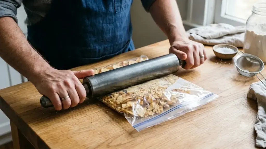 crushing-potato-chips-in-a-sealed-bag-with-a-rolling-pin