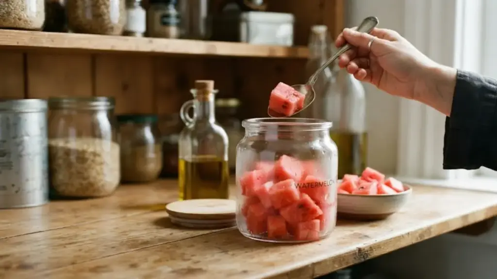 cubed-watermelon-stored-in-a-glass-jar-on-a-wooden-shelf