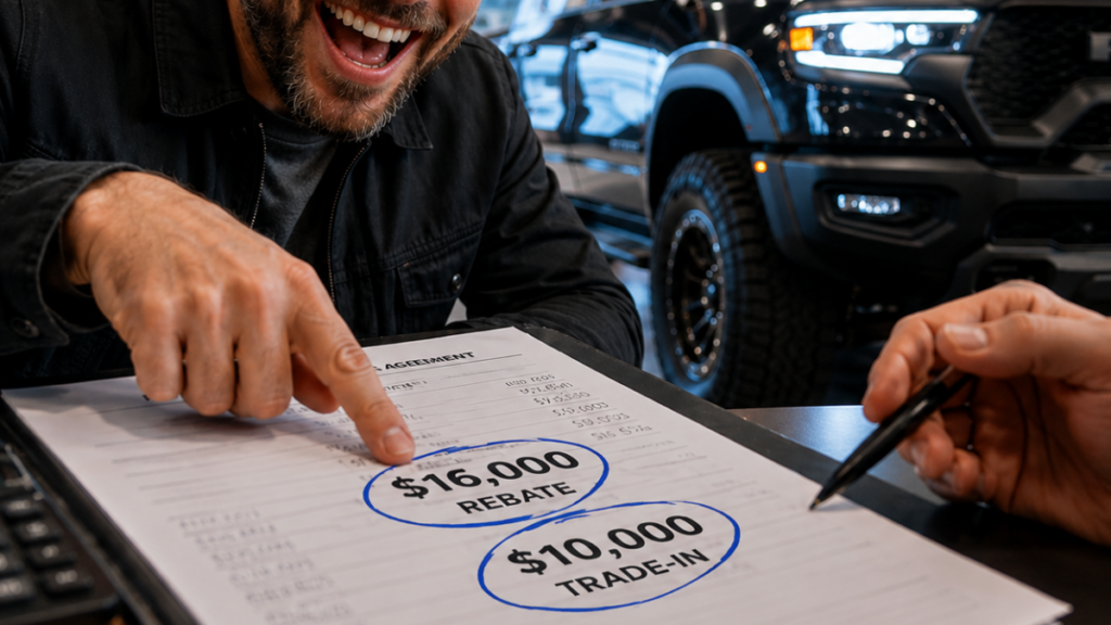 customer-pointing-at-circled-rebates-illusion