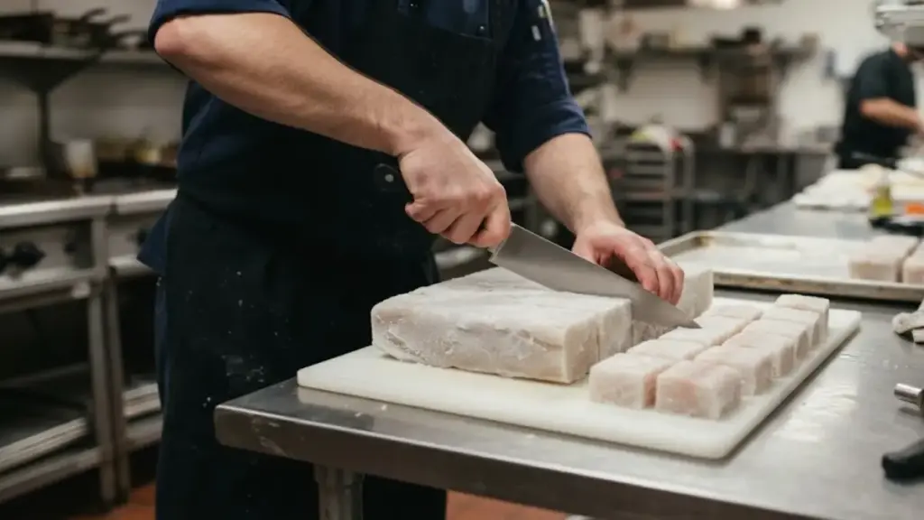 cutting-uniform-square-portions-from-frozen-minced-fish-blocks-for-arby's-crispy-fish-sandwich-base