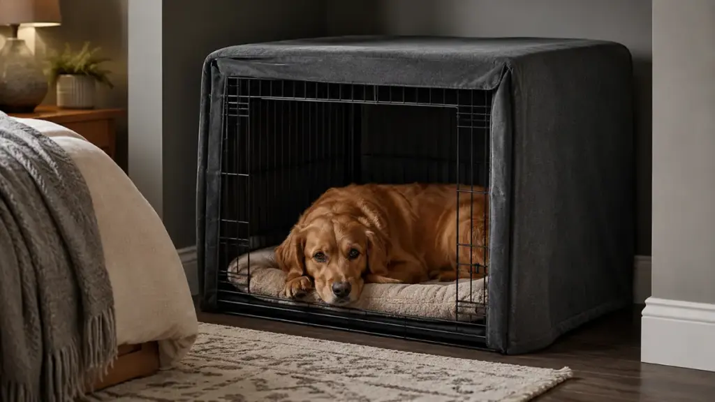 dark-blanket-draped-over-a-canine-crate-filled-with-dog-treat-toys-to-create-a-secure-indoor-den
