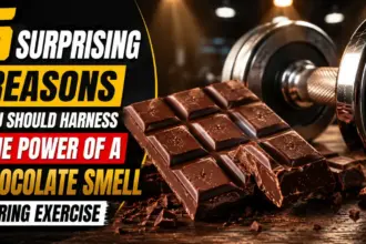 dark chocolate bar resting next to a heavy dumbbell on a wooden table