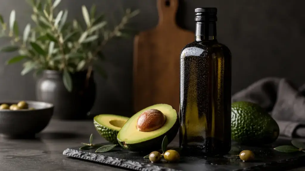 dark-glass-bottle-of-olive-oil-next-to-a-cut-avocado