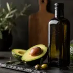 dark glass bottle of olive oil next to a cut avocado