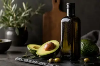 dark glass bottle of olive oil next to a cut avocado