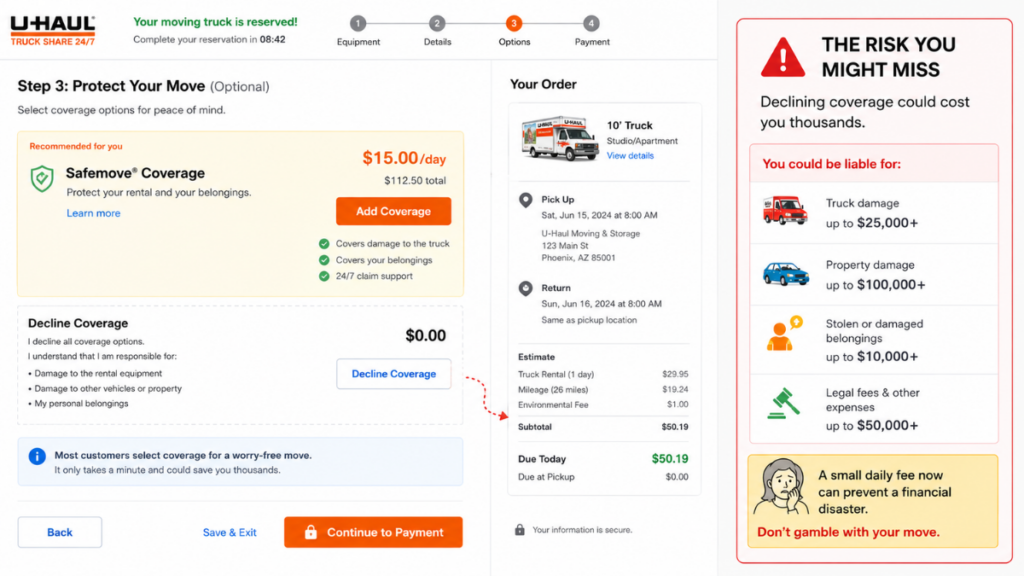 A smartphone screen showing the psychological option to decline protection plans when booking a U-Haul near me moving truck.
