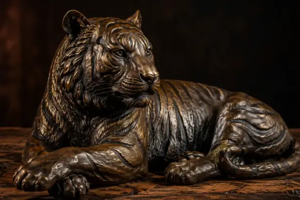 detailed bronze big cat statue on a table