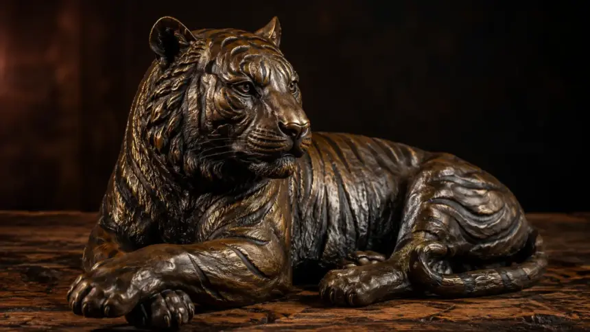 detailed bronze big cat statue on a table