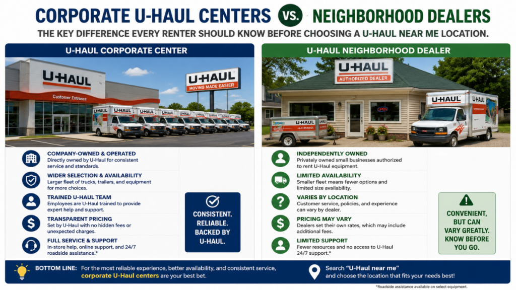 Difference between corporate centers and neighborhood dealers when searching for U-Haul near me.