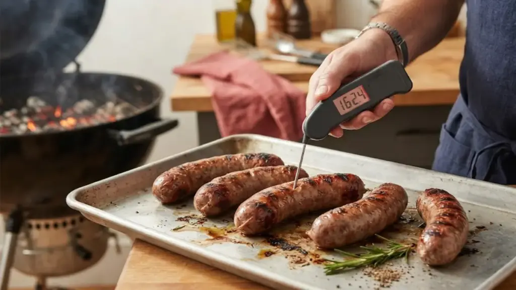 digital food thermometer checking the core of a grilled sausage