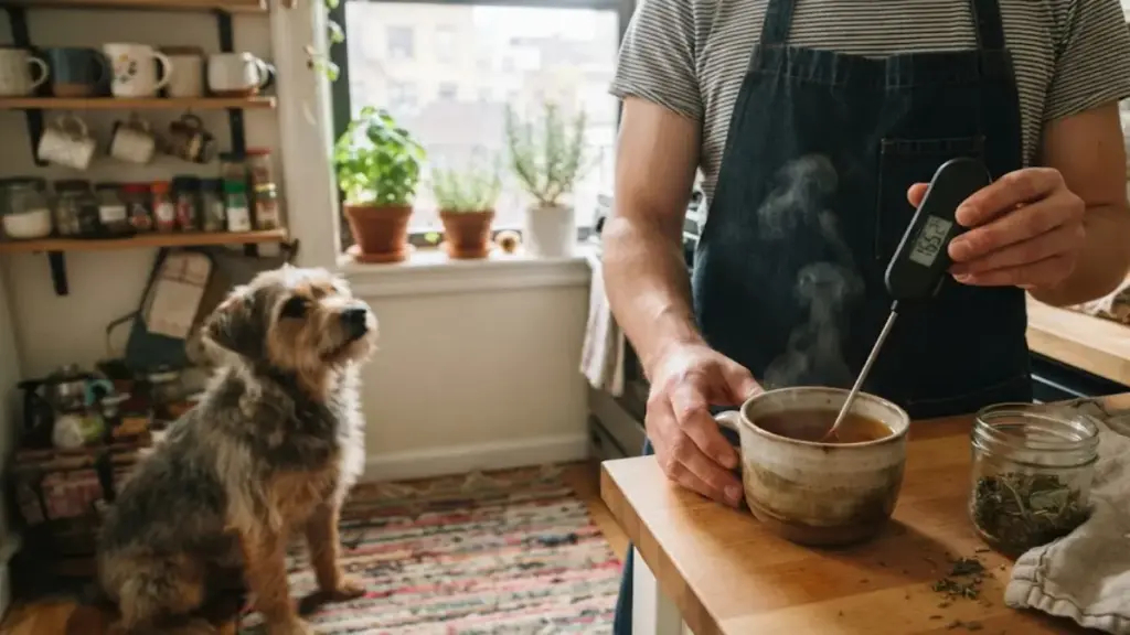 digital-medical-thermometer-checking-the-temperature-of-a-warm-saline-wash-after-food-recalls-dog