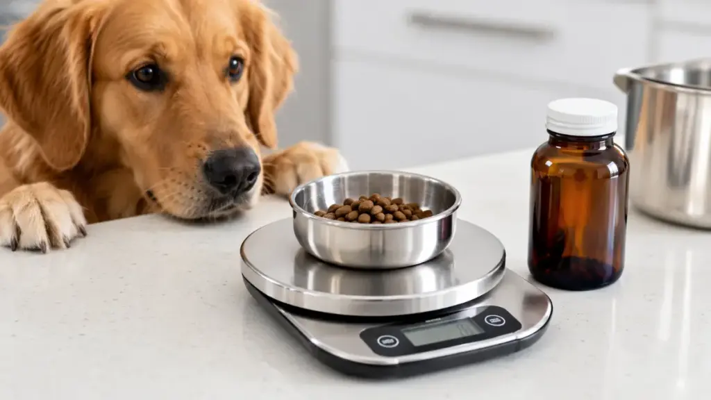 digital-scale-weighing-kibble-next-to-veterinary-supplements-to-prevent-fake-dog-food