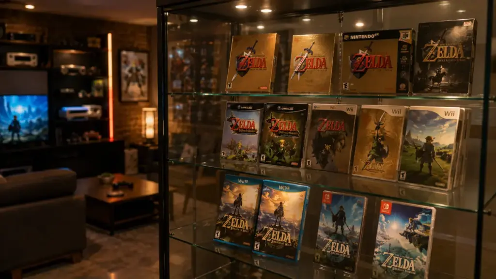 display-case-with-generations-of-zelda-game-boxes