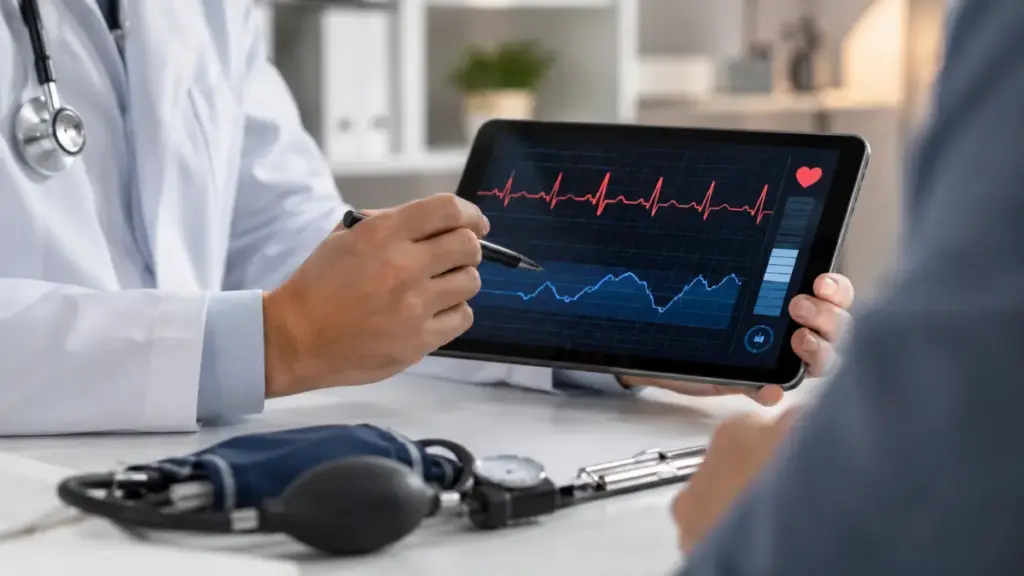 doctor-examining-cardiovascular-chart-on-a-digital-tablet