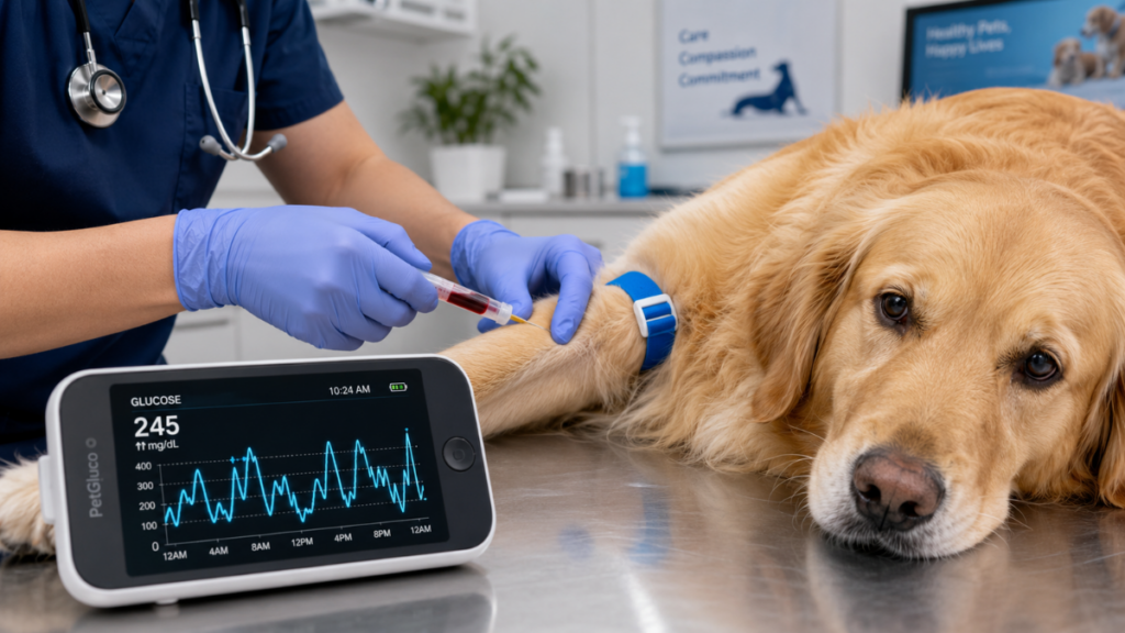 veterinarian-checking-blood-glucose-for-dog-food-aggression-training