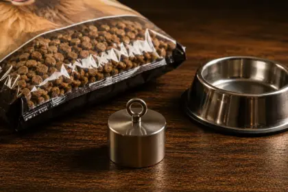 dog food bag placed next to a magnet and bowl under spotlights dogg