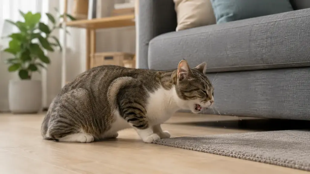 domestic-cat-crouching-low-and-coughing-on-a-living-room-floor