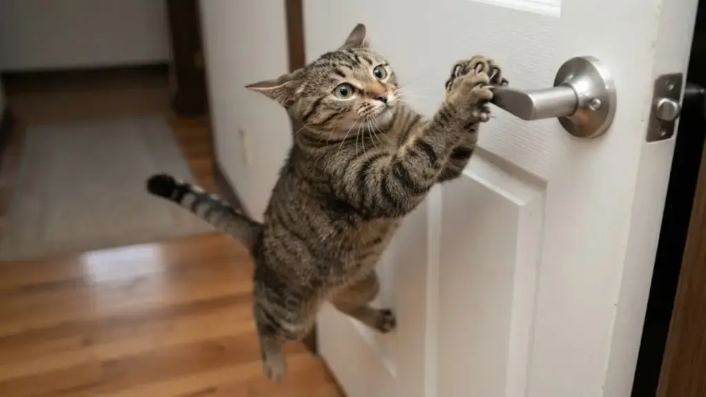 domestic-cat-jumping-up-to-reach-a-silver-door-lever-handle-cat