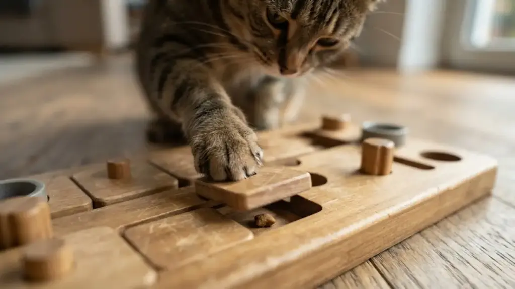 domestic-cat-solving-a-wooden-puzzle-feeder-for-active-cat-training