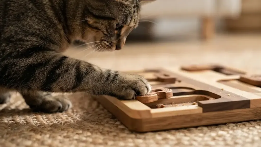 domestic-cat-solving-a-wooden-puzzle-feeder-for-active-cat-training