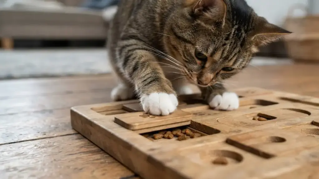domestic-cat-solving-a-wooden-puzzle-feeder-for-active-mental-exercise-cat