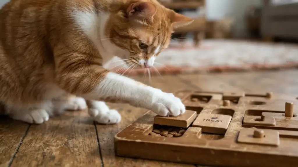 domestic-cat-solving-a-wooden-puzzle-feeder-for-active-mental-training