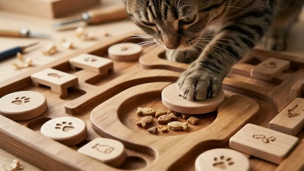 domestic-cat-solving-a-wooden-puzzle-feeder-to-relieve-feline-stress-symptoms
