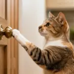 domestic cat standing near a round brass doorknob demonstrating cat training methods