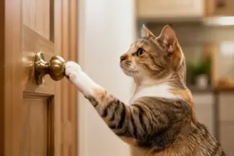 domestic cat standing near a round brass doorknob demonstrating cat training methods