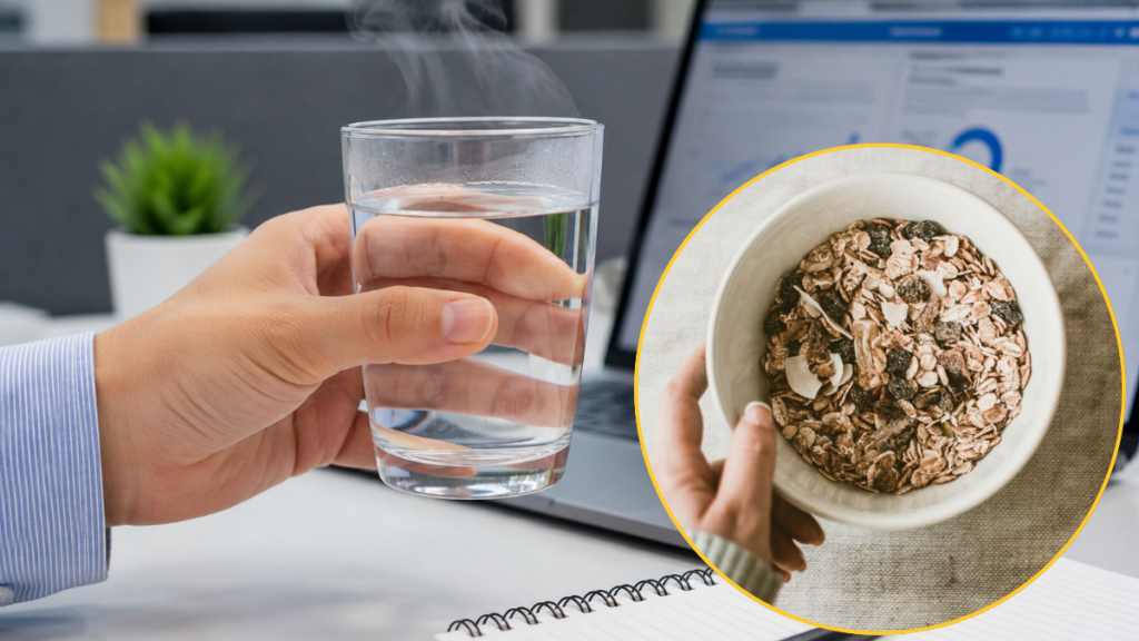 drinking-warm-water-at-office-desk-to-soothe-side-effects-of-eating-overnight-oats