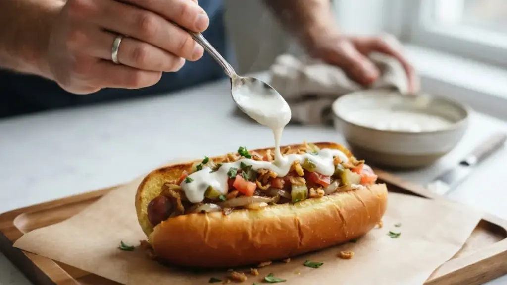 drizzling-white-yogurt-sauce-over-a-loaded-hot-dog