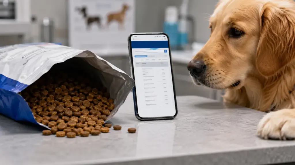 dry-dog-food-bag-arranged-with-smartphone-displaying-recall-alerts