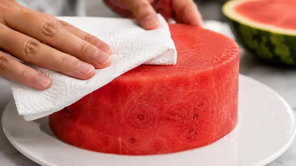drying-the-surface-of-a-carved-watermelon-with-paper-towels-for-a-water-melon-cake