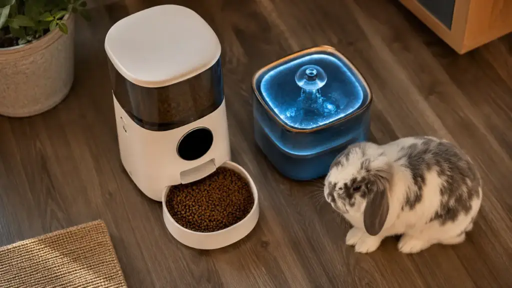 electronic-automatic-pet-feeder-and-ceramic-water-fountain-on-a-floor