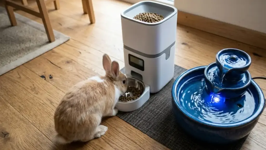 electronic-automatic-pet-feeder-and-ceramic-water-fountain-on-a-floor