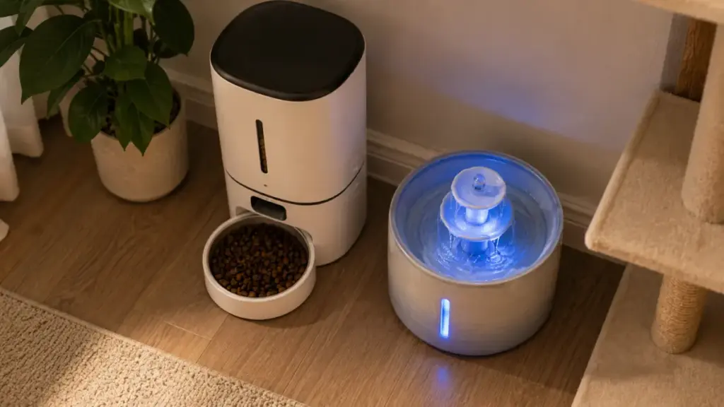 electronic-automatic-pet-feeder-and-ceramic-water-fountain-on-a-floor-for-kitty-litter