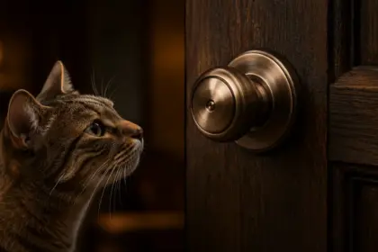 elegant bronze round doorknob installed on a dark wooden door cat