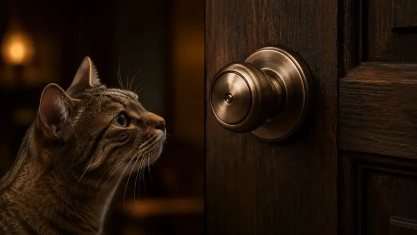 elegant bronze round doorknob installed on a dark wooden door cat