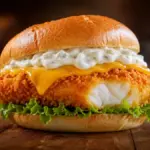 elegant golden brown crispy fish sandwich on a dark wooden table