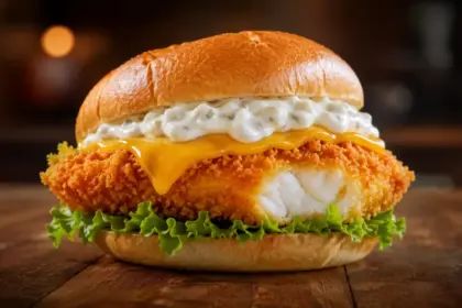 elegant golden brown crispy fish sandwich on a dark wooden table
