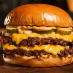 elegant golden brown double cheeseburger with shattered lacy edges
