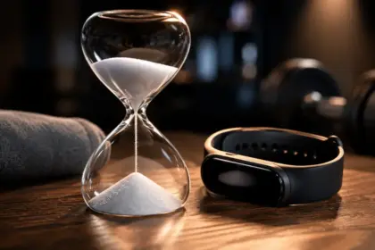 elegant hourglass and fitness smart band on a table