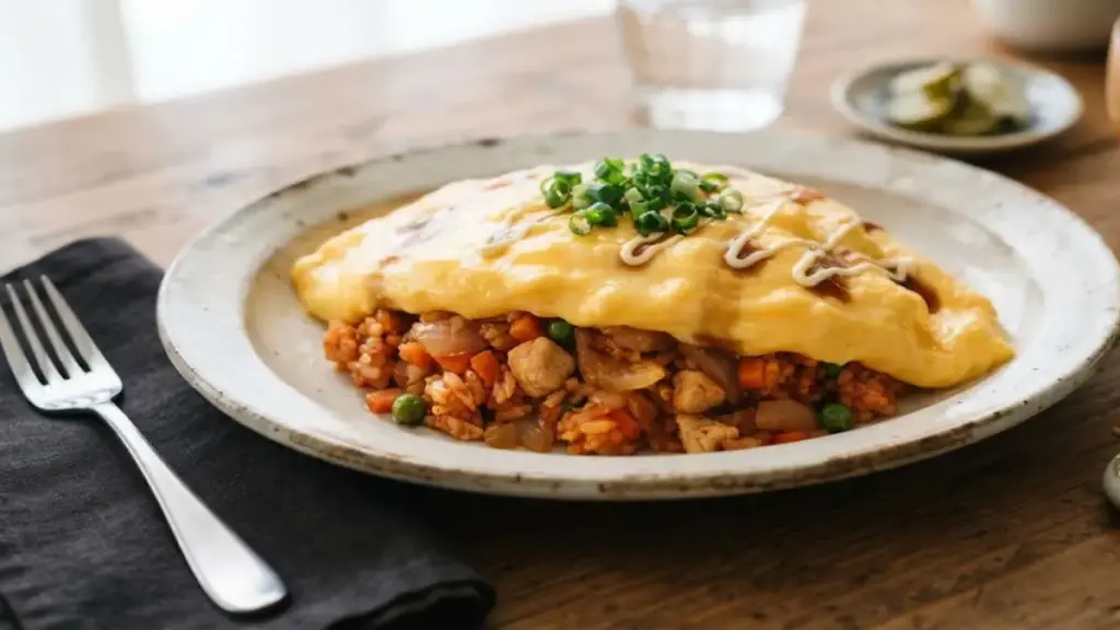 elegant-plated-omurice-with-creamy-egg-blanket-covering-seasoned-left-over-rice