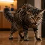 elegant sleek domestic cat standing aggressively near a closed glass door