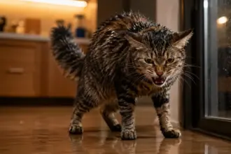 elegant sleek domestic cat standing aggressively near a closed glass door