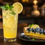 elegant sparkling citrus mocktail paired with a blueberry and lemon tart